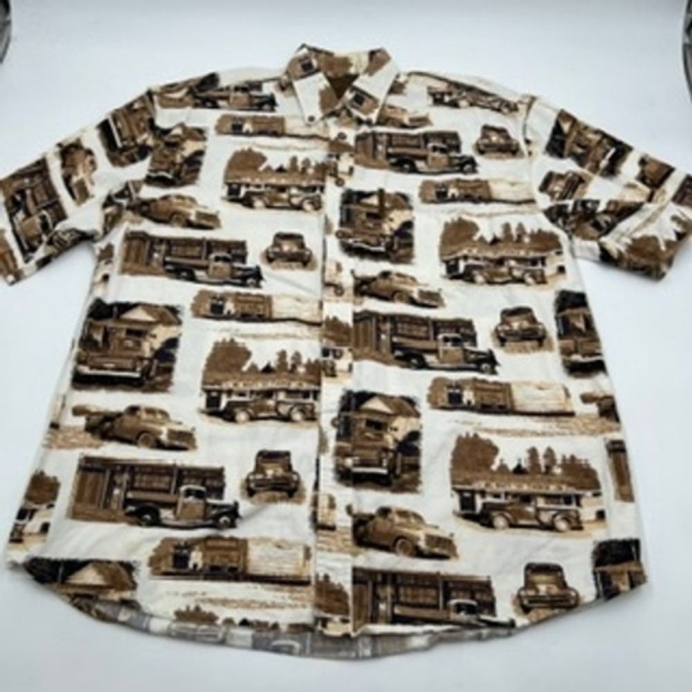 North River Mens Vintage Truck Bait Shop Print Button Down Shirt Brown Cream M